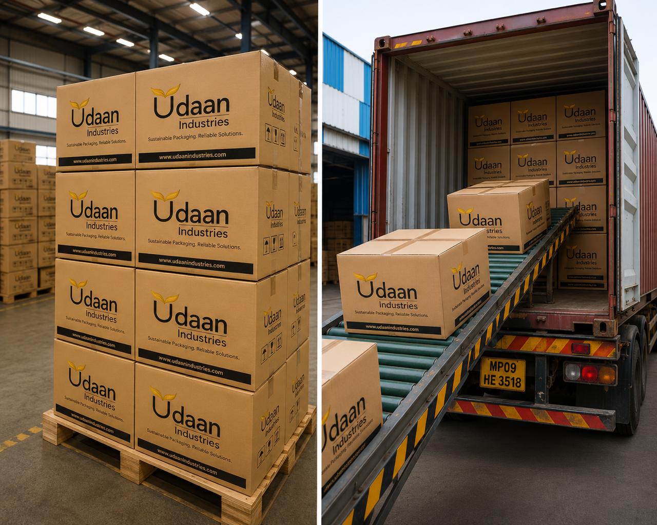 Udaan boxes on pallets being loaded into a truck