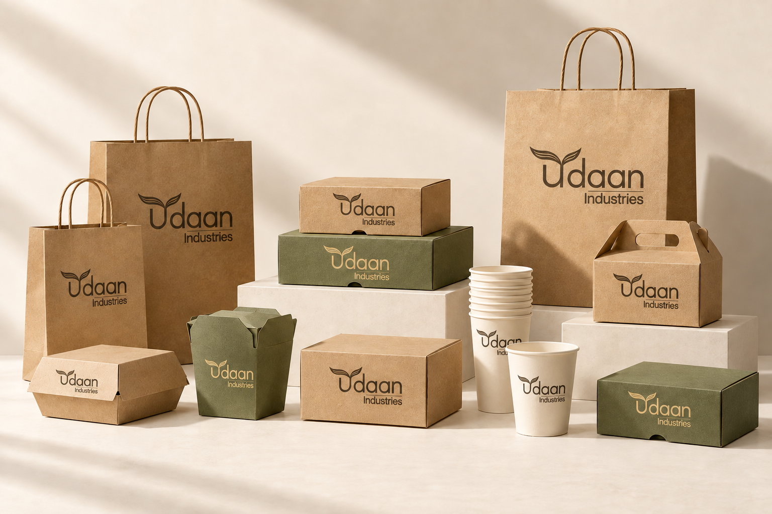Udaan-branded kraft boxes, bags and paper cups
